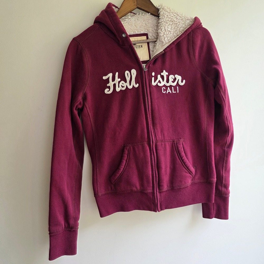Hollister Vintage Y2K Sherpa Lined Zip Up Hoodie Burgundy Bella Swan Juniors L